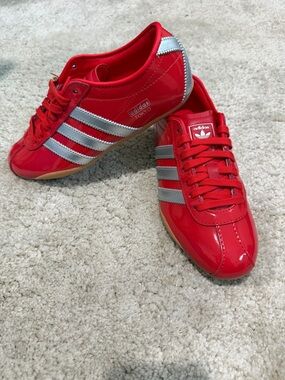 adidas Red Patent Leather Sneakers with Silver Stripes